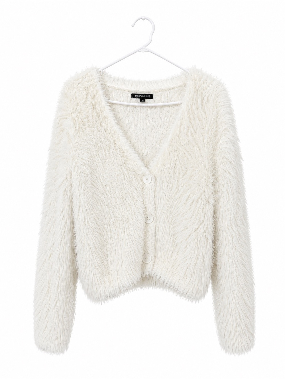 Hers & Mine Fuzzy Eyelash Knit Cardigan Sweater Cream White Size Small